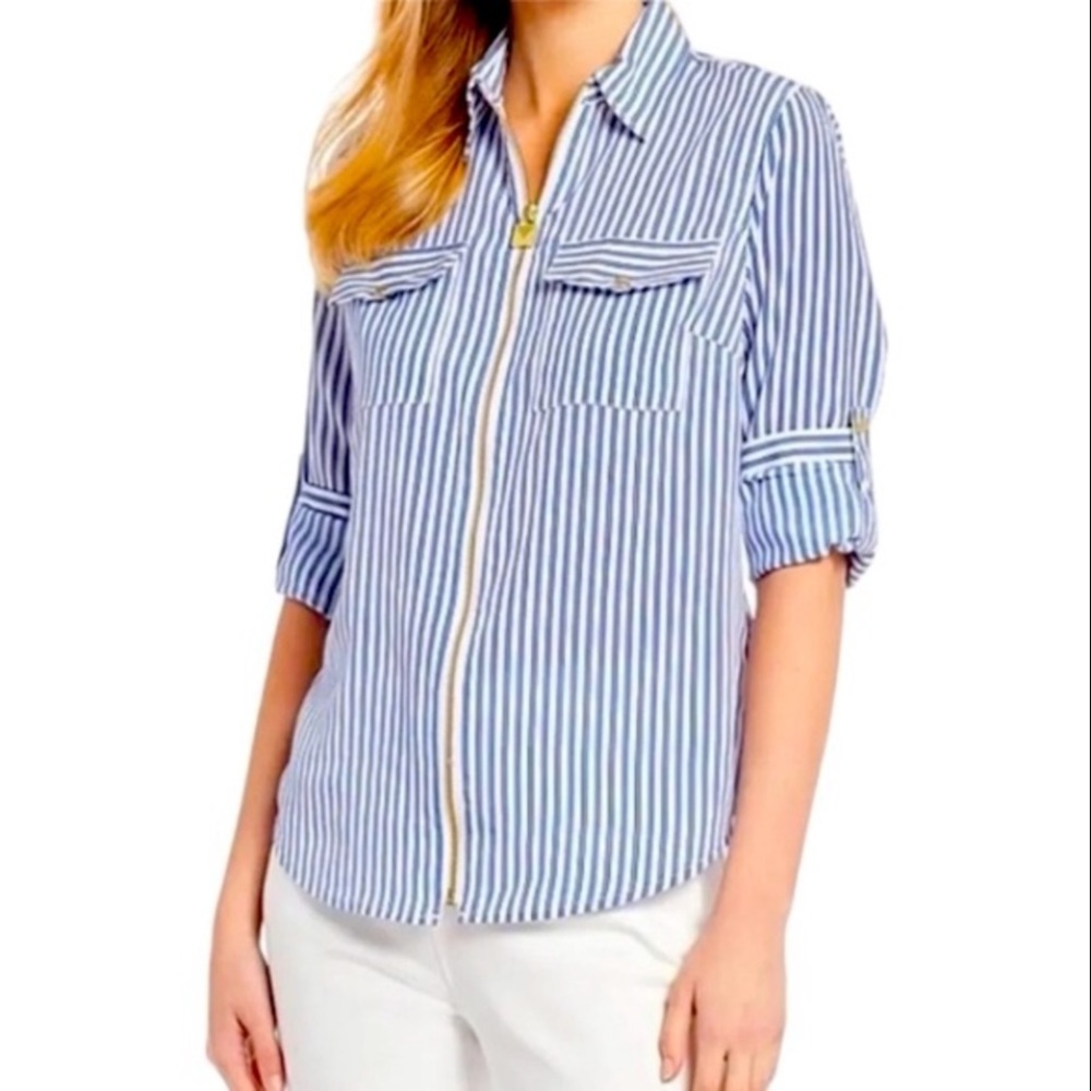 MICHAEL Michael Kors Blue White Stripe Top  Zip Front Long Sleeve Blouse Sz M